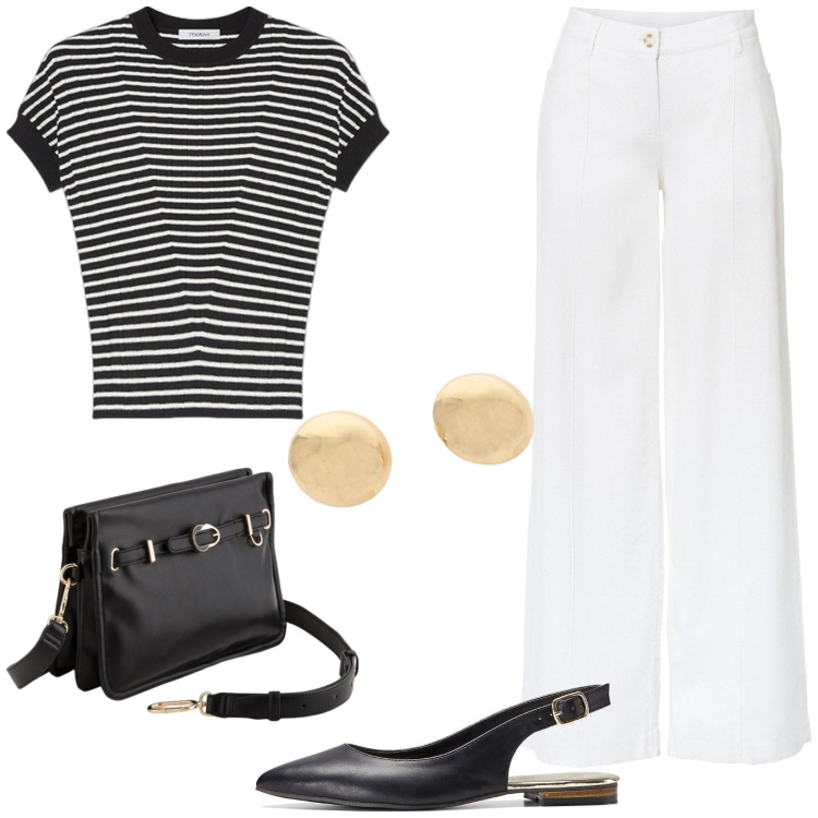 Outfit donna - Righe per tutti i giorni. Stile Casual per Tutti i giorni. Abbinamento con ballerine, pantaloni a palazzo, orecchini, borse a tracolla, maglieria.