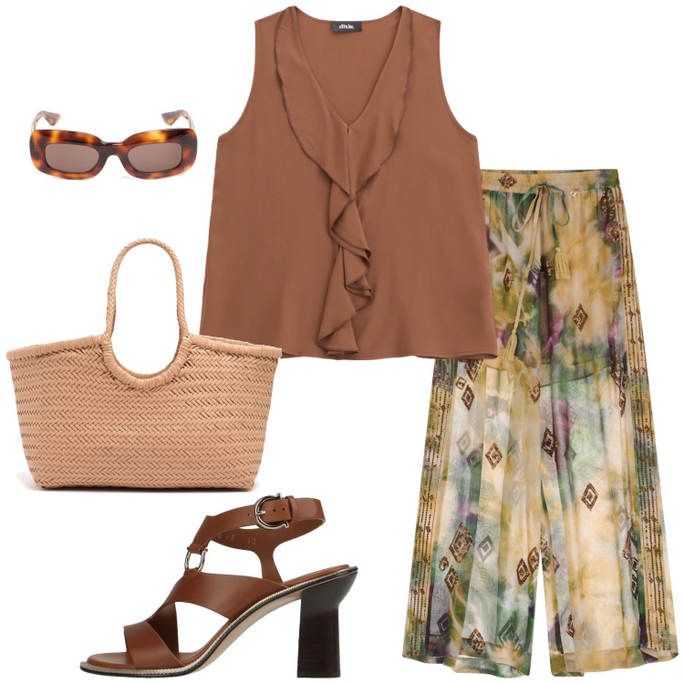 Outfit donna - Total look #2115103. Stile Etnico per Tutti i giorni. Abbinamento con sandali in pelle, pantaloni a palazzo, top, shopping bag, occhiali da sole.
