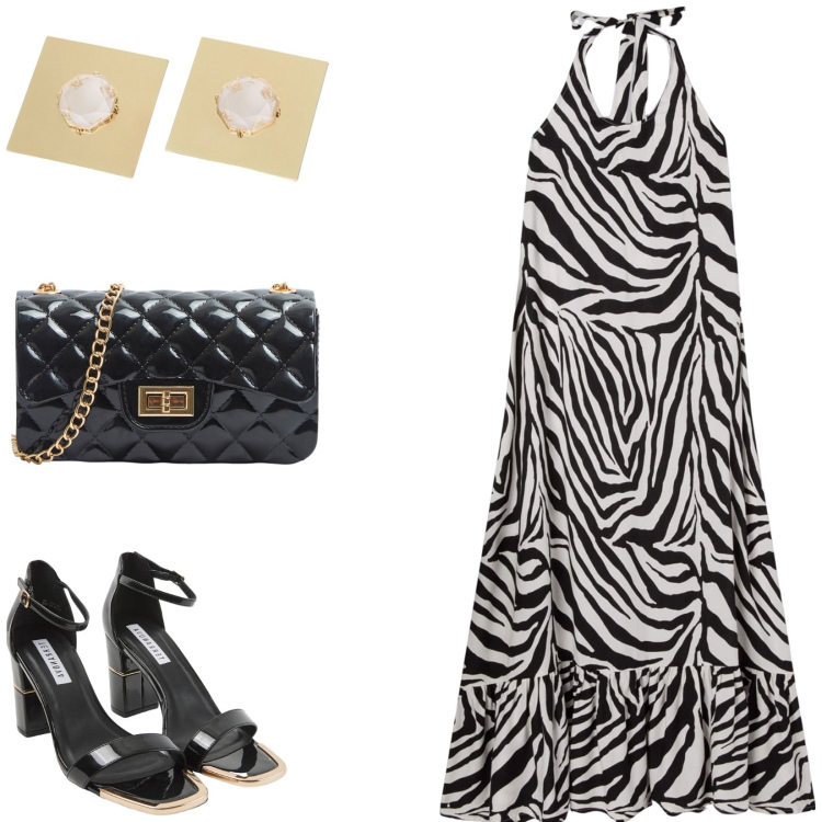 Outfit donna - Zebrato per la sera. Stile Etnico per Serata fuori. Abbinamento con borse a tracolla, sabot, vestiti lunghi, orecchini.
