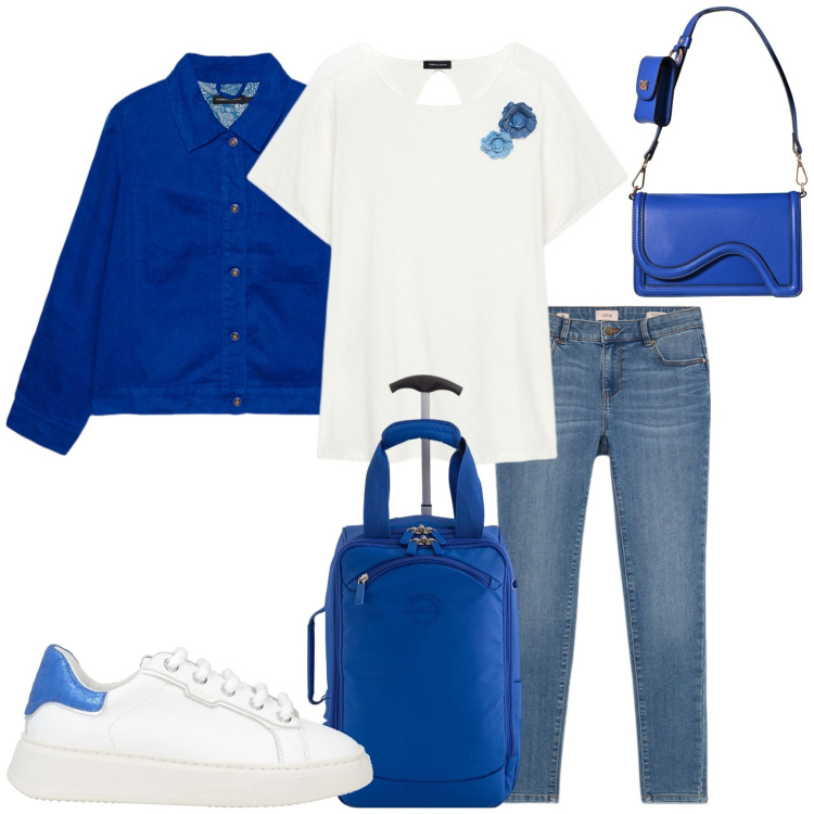 Outfit donna - Si parte. Stile Casual chic per Tutti i giorni. Abbinamento con sneakers, pochette, t-shirt, blazer, jeans skinny, valigie.