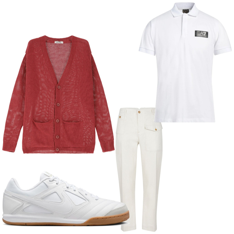 Outfit uomo - Bianco e sneakers. Stile Casual per Tutti i giorni. Abbinamento con polo, cardigans, pantaloni, sneakers.