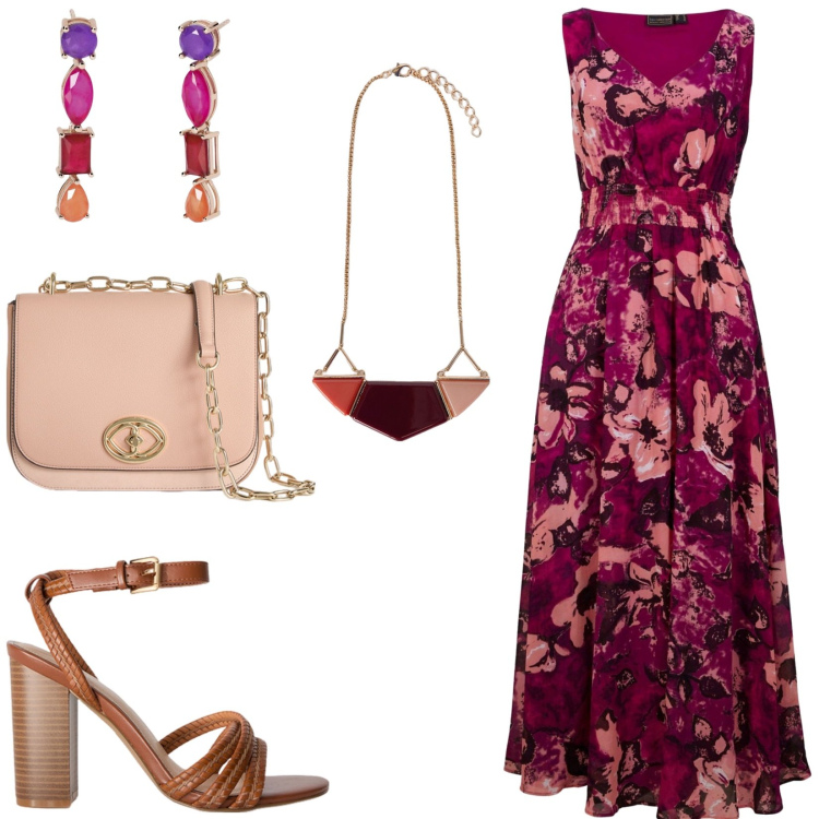 Outfit donna - Abito lungo floreale. Stile Romantica per Serata fuori. Abbinamento con vestiti lunghi, orecchini, sandali col tacco, borse a tracolla, ciondoli.