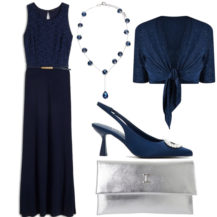 Outfit donna - Cerimonia in blu e argento. Stile Chic per Cerimonia. Abbinamento con vestiti lunghi, décolleté, bolero, pochette, collane.