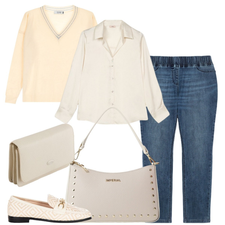 Outfit donna - Curvy style. Stile Basic per Ufficio. Abbinamento con mocassini, maglieria, borse a spalla, jeggings, camicie, portafogli.