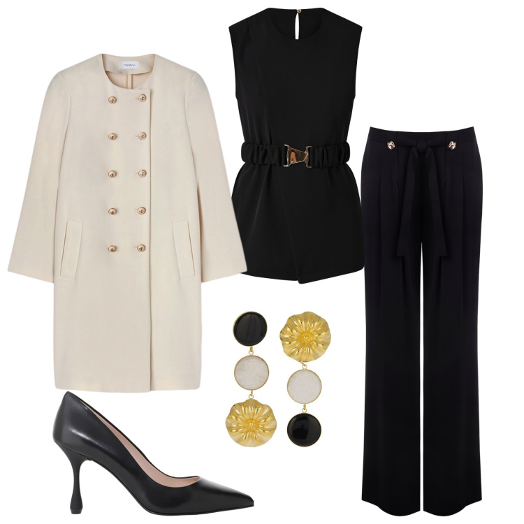 Outfit donna - Eleganza del nero. Stile Chic per Cerimonia. Abbinamento con bluse, pantaloni, décolleté, orecchini, cappotti.