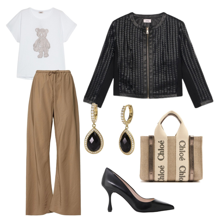 Outfit donna - Total look #2115138. Stile Casual chic per Ufficio. Abbinamento con orecchini, décolleté, borse a mano, giacche, t-shirt, pantaloni.