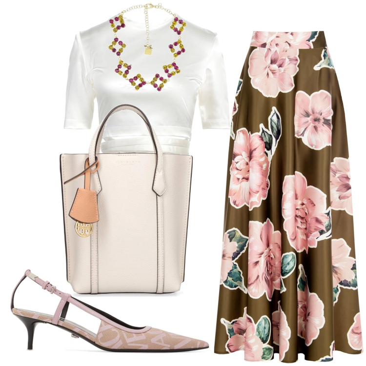 Outfit donna - La primavera alle porye. Stile Chic per Cerimonia. Abbinamento con top, gonne, collane, borse a mano, décolleté.