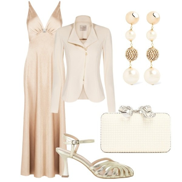 Outfit donna - Matrimonio in vista. Stile Glamour per Cerimonia. Abbinamento con sandali col tacco, vestiti lunghi, blazer, pochette, orecchini.