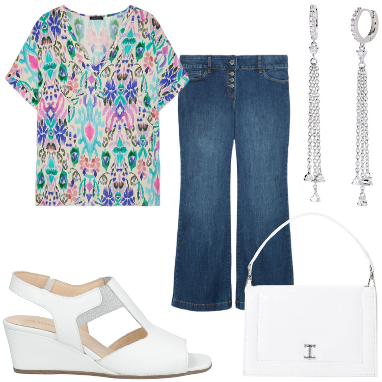 Outfit donna - Sono contenta in jeans. Stile Casual per Tutti i giorni. Abbinamento con sandali in pelle, orecchini, borse a tracolla, bluse, jeans.
