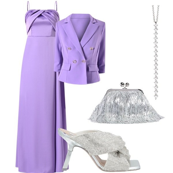 Outfit donna - Matrimonio di sera. Stile Glamour per Serata fuori. Abbinamento con sandali in pelle, ciondoli, vestiti lunghi, blazer, pochette.