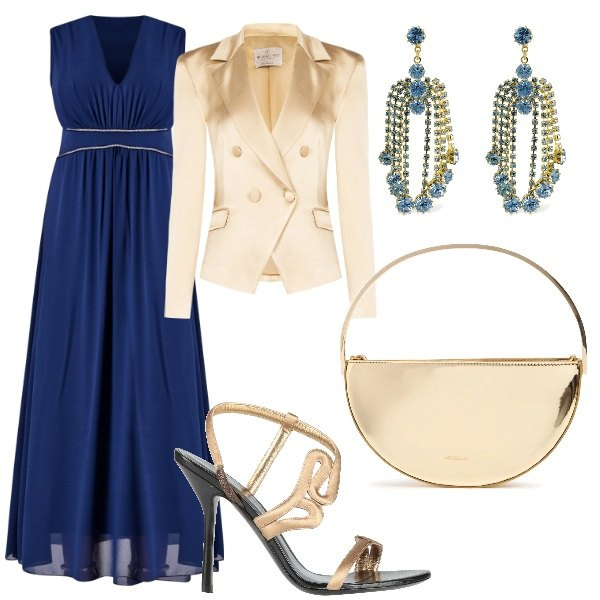 Outfit donna - Matrimonio di sera. Stile Glamour per Cerimonia. Abbinamento con sandali in pelle, vestiti lunghi, blazer, orecchini, pochette.