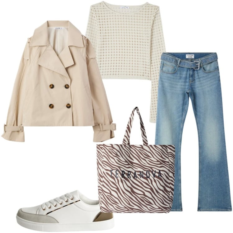 Outfit donna - Occasioni Terranova. Stile Casual chic per Tutti i giorni. Abbinamento con maglieria, jeans a zampa, sneakers, borse tote, trench.