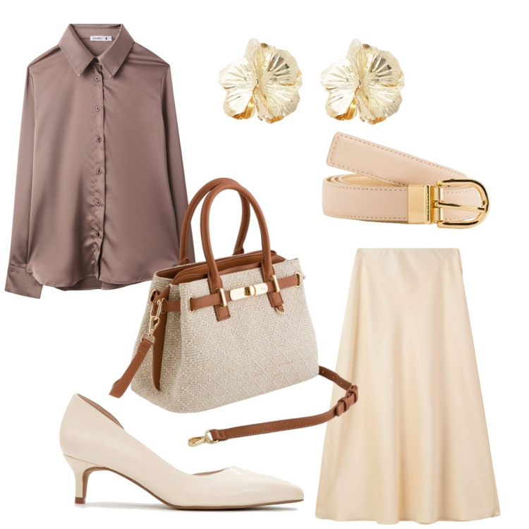 Outfit donna - Gonna e camicia. Stile Casual chic per Ufficio. Abbinamento con décolleté, camicie, gonne lunghe, orecchini, cinture, borse a mano.