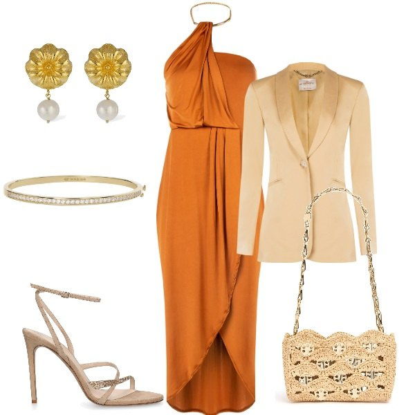 Outfit donna - Matrimonio di sera. Stile Glamour per Cerimonia. Abbinamento con braccialetti, vestiti, blazer, sandali in pelle, borse a spalla, orecchini.