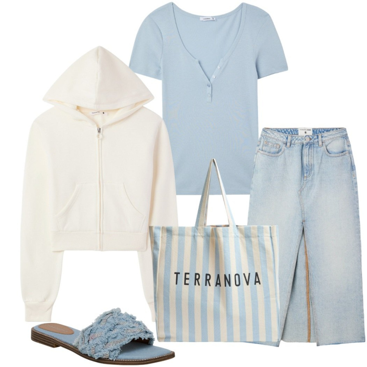 Outfit donna - Terranova occasioni. Stile Casual per Tutti i giorni. Abbinamento con gonne lunghe, ciabatte, t-shirt, felpe con cappuccio, borse tote.