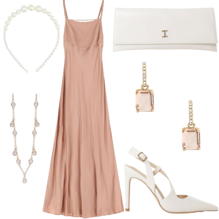 Outfit donna - Eleganza è semplicità. Stile Chic per Cerimonia. Abbinamento con collane, vestiti lunghi, décolleté, pochette, orecchini, cerchietti.