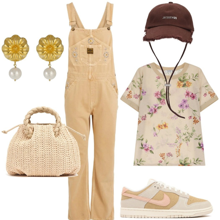 Outfit donna - Casual chic in salopette. Stile Casual chic per Tutti i giorni. Abbinamento con salopette, t-shirt, orecchini, borse a mano, cappelli, sneakers.