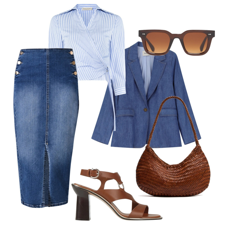 Outfit donna - Tubino in jeans, camicia crop-@laloba. Stile Trendy per Tutti i giorni. Abbinamento con sandali in pelle, blazer, camicie, gonne longuette, borse a spalla, occhiali da sole.