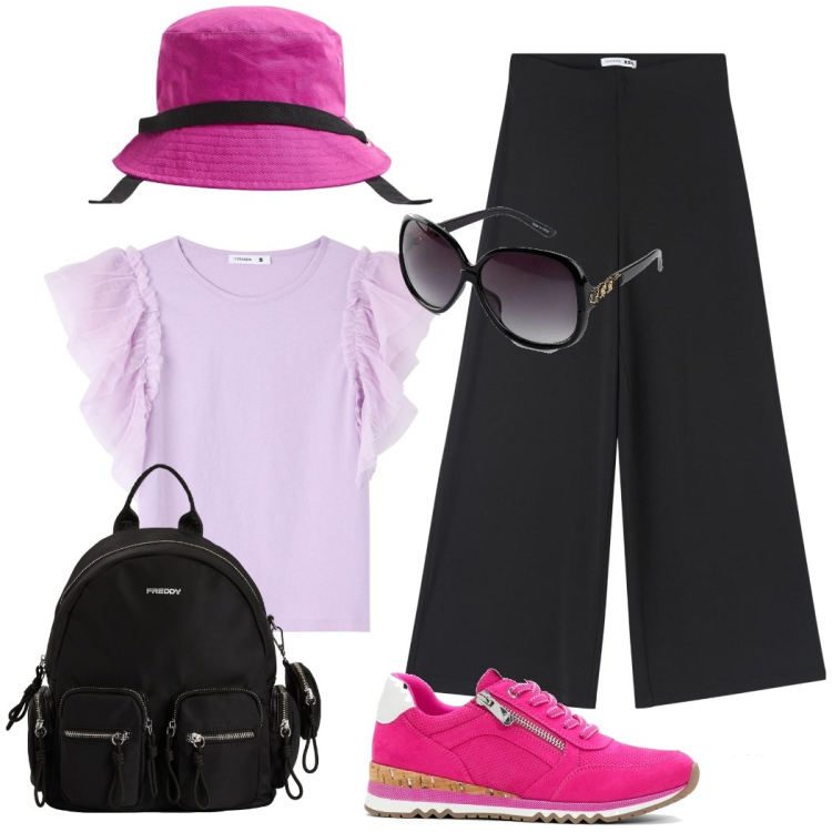 Outfit donna - Partenza per il weekend. Stile Casual per Tutti i giorni. Abbinamento con occhiali da sole, sneakers, pantaloni culotte, t-shirt, cappelli, zaini.