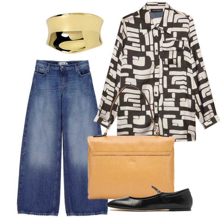 Outfit donna - Camicione. Stile Casual chic per Tutti i giorni. Abbinamento con anelli, jeans, camicie, ballerine, borse a cartella.