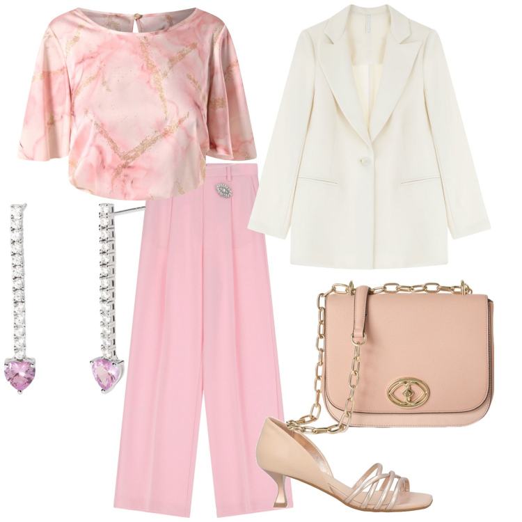 Outfit donna - Cerimonia. per Cerimonia. Abbinamento con sandali in pelle, orecchini, bluse, blazer, pantaloni, borse a tracolla.