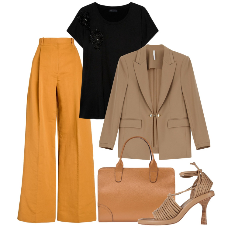 Outfit donna - Orange. Stile Chic per Tutti i giorni. Abbinamento con pantaloni, sandali in pelle, blazer, t-shirt, borse tote.