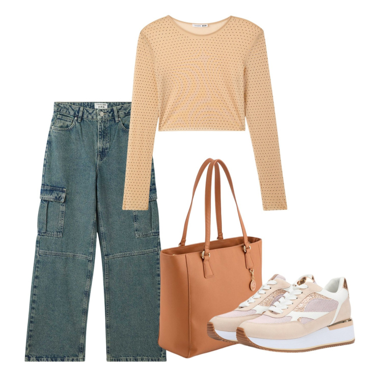 Outfit donna - Shopping day. Stile Basic per Tutti i giorni. Abbinamento con maglieria, jeans, sneakers, shopping bag.