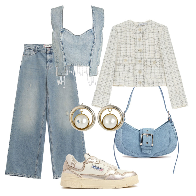 Outfit donna - Giacchino in tweed e jeans di sera. Stile Casual chic per Serata fuori. Abbinamento con top, blazer, jeans, sneakers, borse a spalla, orecchini.