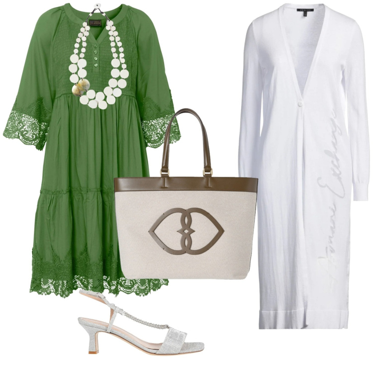 Outfit donna - Aperitivo a bordo piscina. per Serata fuori. Abbinamento con vestiti chemisier, cardigans, sandali in pelle, ciondoli, shopping bag.