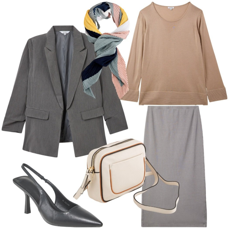 Outfit donna - In ufficio. Stile Casual chic per Ufficio. Abbinamento con gonne longuette, décolleté, maglieria, blazer, foulard, borse a tracolla.