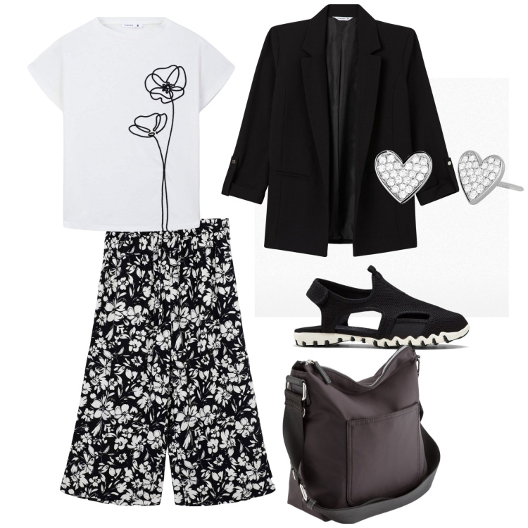 Outfit donna - Impegni tutto il giorno. per Tutti i giorni. Abbinamento con sandali, blazer, t-shirt, pantaloni a palazzo, orecchini, borse a tracolla.