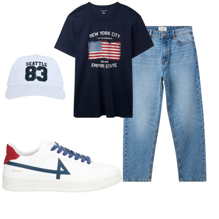 Outfit uomo - Total look #2115231. Stile Casual per Tutti i giorni. Abbinamento con sneakers, jeans, cappelli, t-shirt.