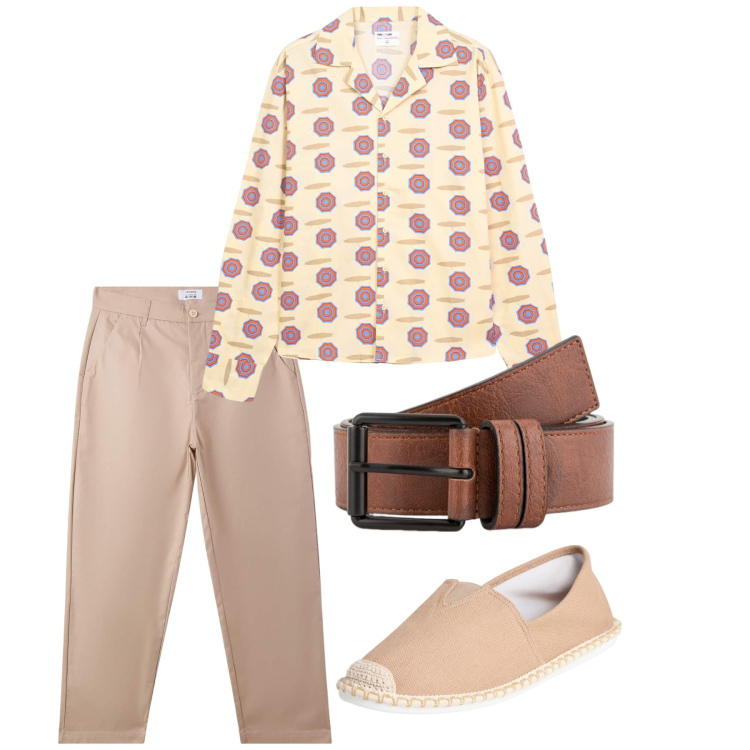 Outfit uomo - Total look. Stile Casual per Tutti i giorni. Abbinamento con espadrillas, pantaloni chino, camicie, cinture.