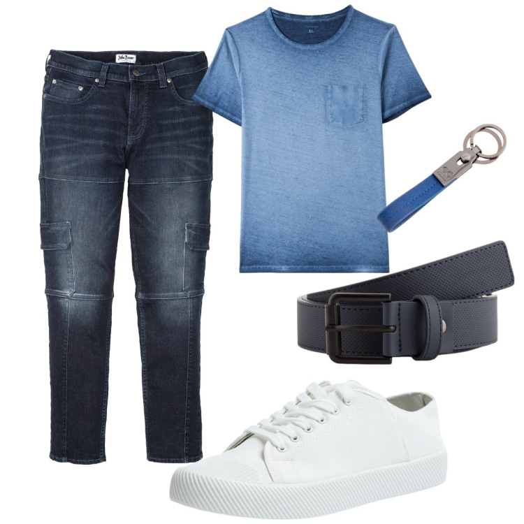 Outfit uomo - Total look #2115234. Stile Casual per Tutti i giorni. Abbinamento con jeans slim fit, t-shirt, sneakers, cinture, portachiavi.