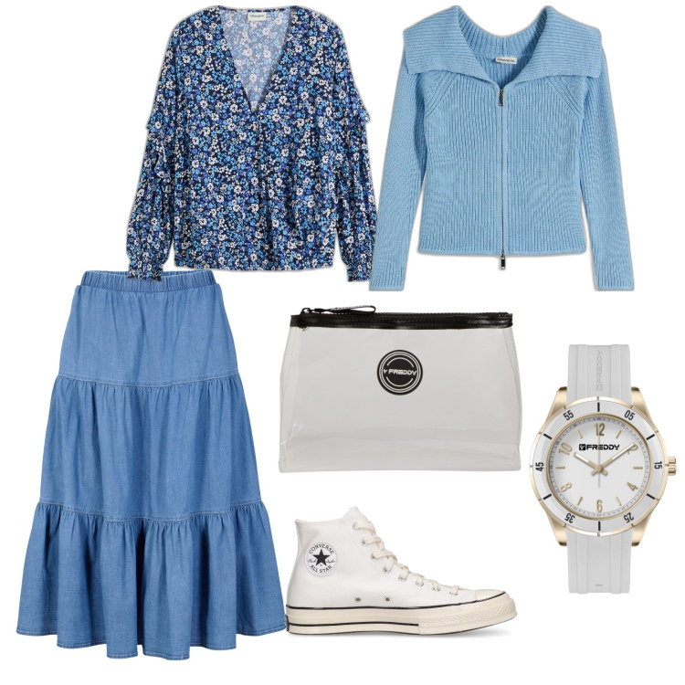 Outfit donna - Primavera. per Tutti i giorni. Abbinamento con gonne longuette, cardigans, bluse, valigie, orologi, sneakers.