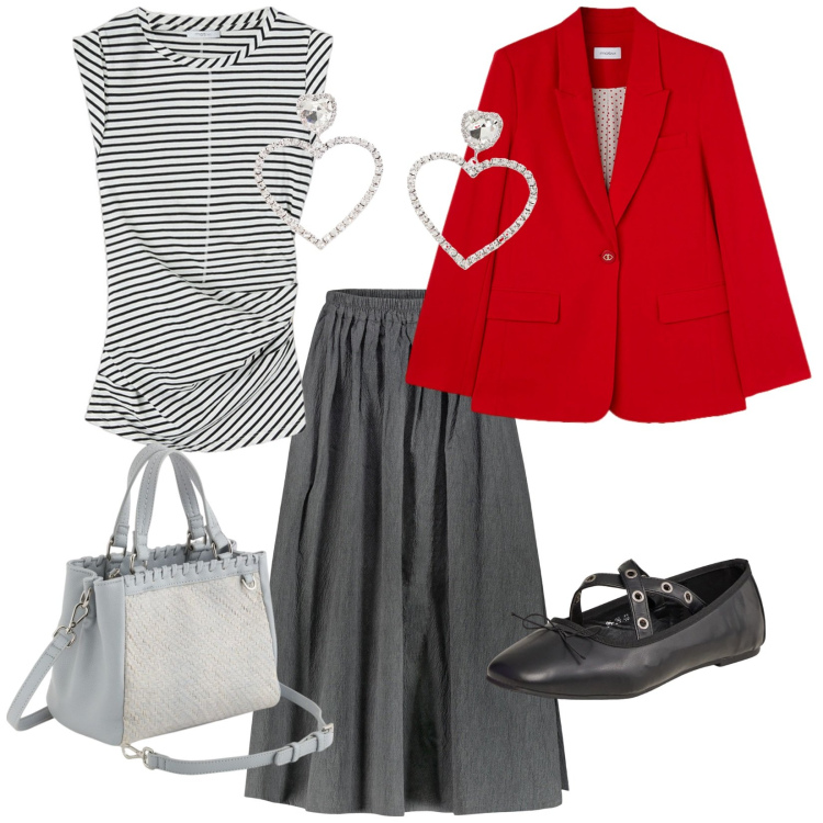 Outfit donna - Orecchini a cuore. per Ufficio. Abbinamento con ballerine, orecchini, gonne, top, blazer, borse a mano.
