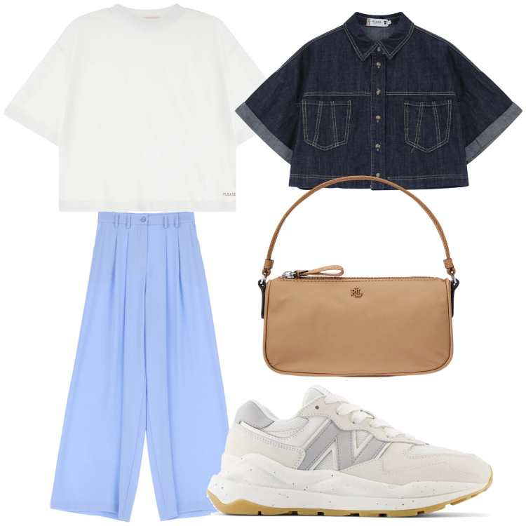 Outfit donna - Aperitivo. Stile Trendy per Tutti i giorni. Abbinamento con pantaloni, blazer, t-shirt, sneakers, pochette.