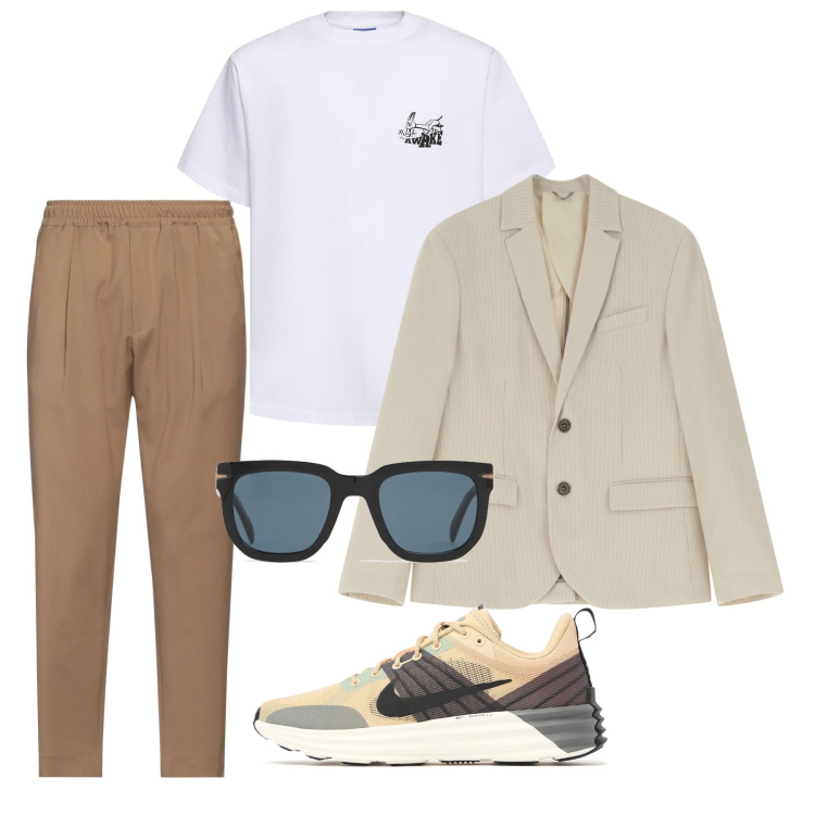 Outfit uomo - Doppia identità. Stile Trendy per Tutti i giorni. Abbinamento con pantaloni, giacche, occhiali da sole, sneakers, t-shirt.