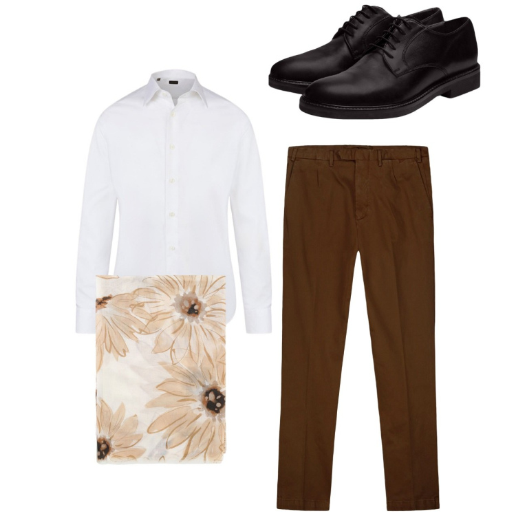 Outfit uomo - Total look. Stile Casual per Tutti i giorni. Abbinamento con sciarpe e foulard, scarpe stringate, camicie, pantaloni.