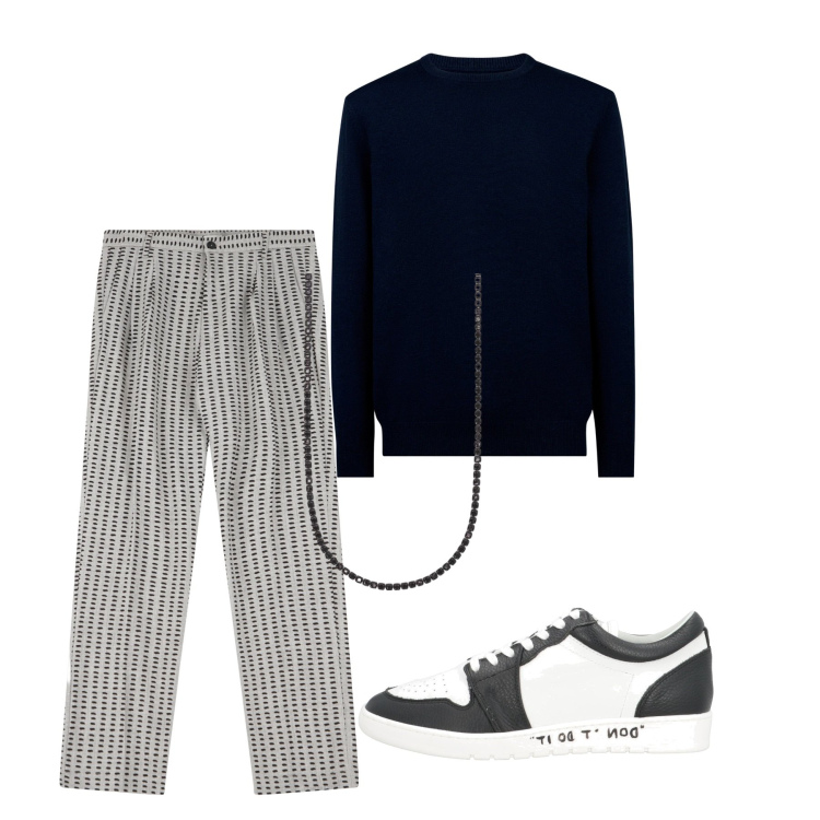 Outfit uomo - Total city. Stile Urban per Tutti i giorni. Abbinamento con sneakers, collane, pantaloni, maglieria.