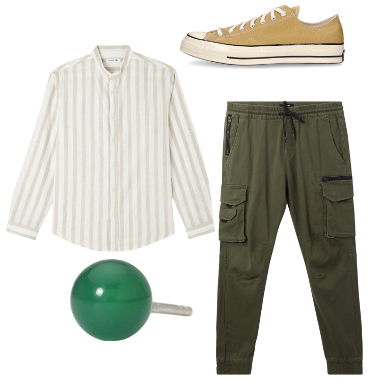 Outfit uomo - Total look. Stile Casual per Tutti i giorni. Abbinamento con camicie, pantaloni cargo, orecchini, sneakers.