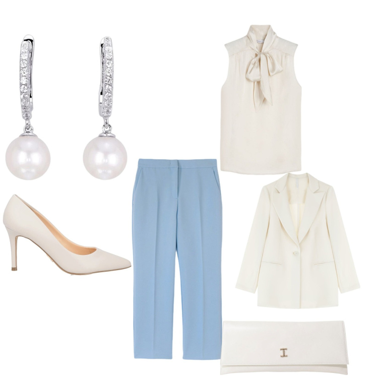 Outfit donna - Look per aperitivo. Stile Glamour per Serata fuori. Abbinamento con décolleté, orecchini, blazer, pochette, pantaloni, top.