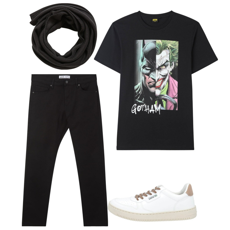 Outfit uomo - Total city. Stile Urban per Tutti i giorni. Abbinamento con sneakers, sciarpe, t-shirt, pantaloni skinny.