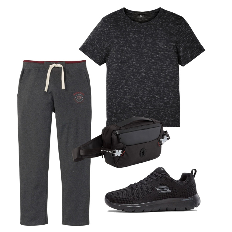 Outfit uomo - Al parco. Stile Casual per Sport. Abbinamento con pantaloni, sneakers, t-shirt, borse sportive.