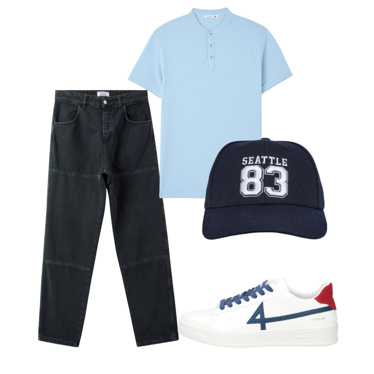 Outfit uomo - Total city. Stile Casual per Tutti i giorni. Abbinamento con sneakers, t-shirt, pantaloni, cappelli.