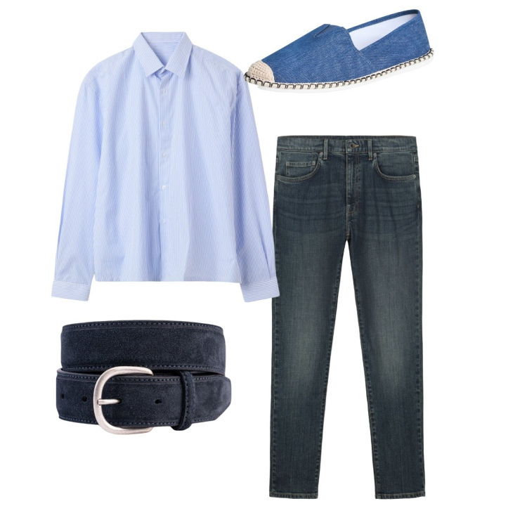 Outfit uomo - Total look. Stile Casual per Tutti i giorni. Abbinamento con espadrillas, camicie, cinture, jeans.