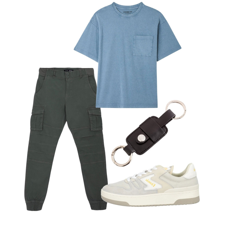 Outfit uomo - Total city. Stile Casual per Tutti i giorni. Abbinamento con sneakers, t-shirt, pantaloni cargo, portachiavi.