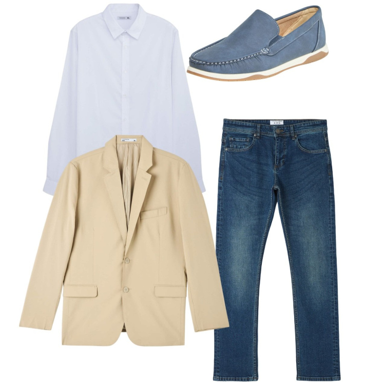 Outfit uomo - Total look. Stile Casual per Tutti i giorni. Abbinamento con giacche, scarpe stringate, jeans dritti, camicie.
