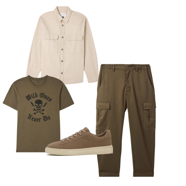 Outfit uomo - Total look. Stile Casual per Tutti i giorni. Abbinamento con sneakers, camicie, t-shirt, pantaloni cargo.