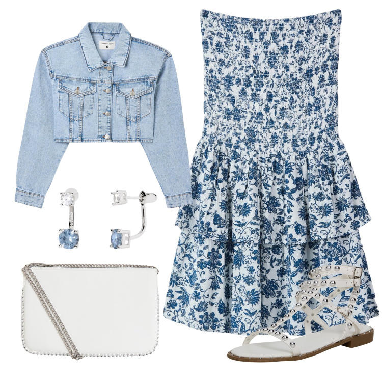 Outfit donna - Compleanno sulla spiaggia. Stile Casual chic per Serata fuori. look ideale per Petite. Abbinamento con vestiti corti, blazer, sandali, borse a tracolla, orecchini.
